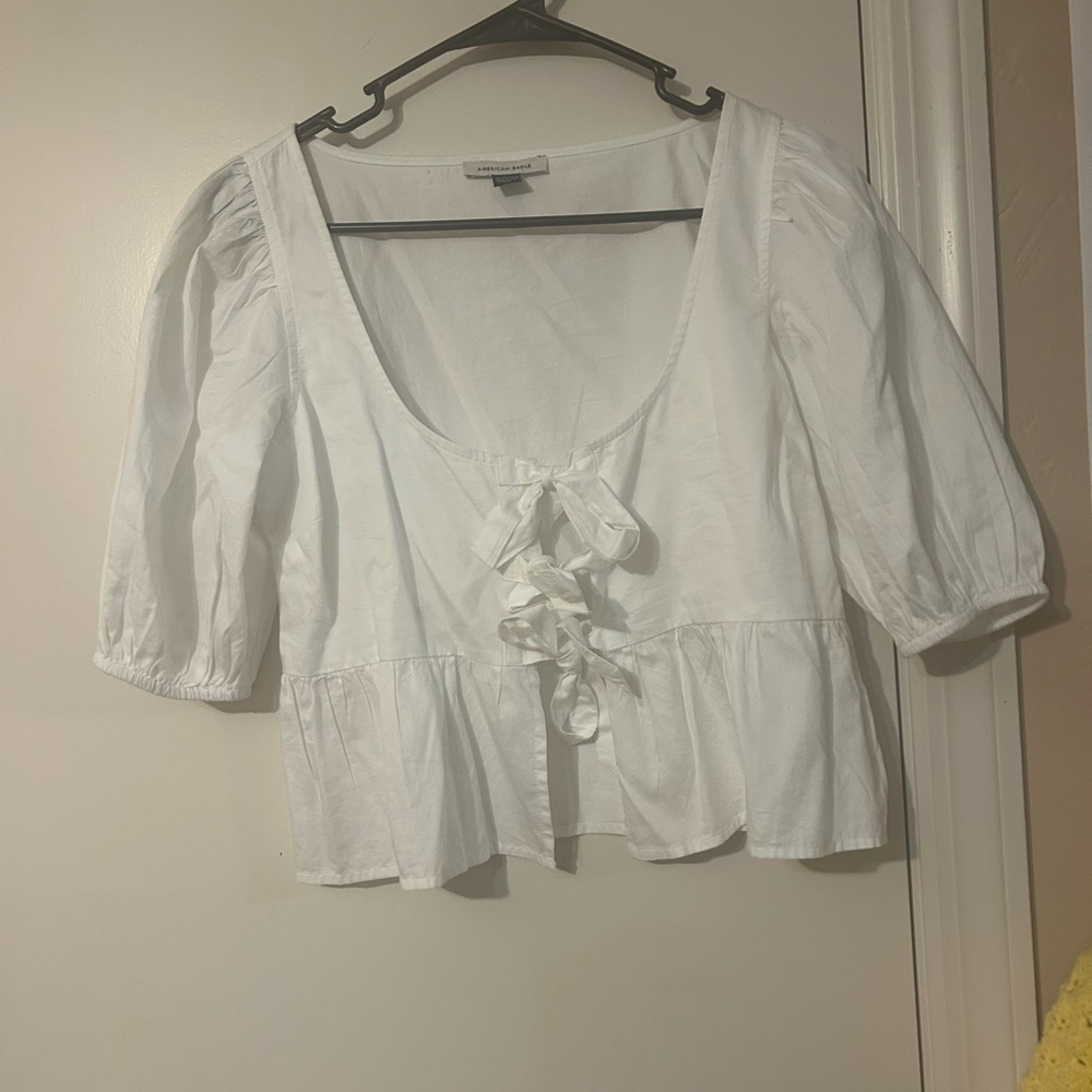 American Eagle Outfitters White Puff Sleeve Peplum Blouse